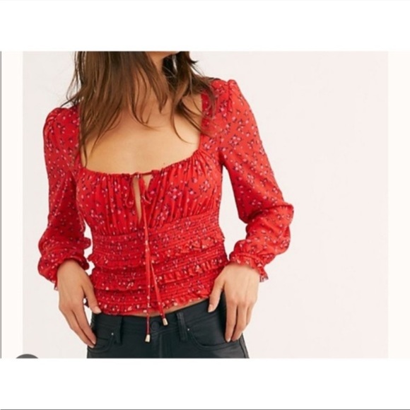 Free People Lolita Red Peasant Semi Crop Floral Blouse Red small - Picture 2 of 13